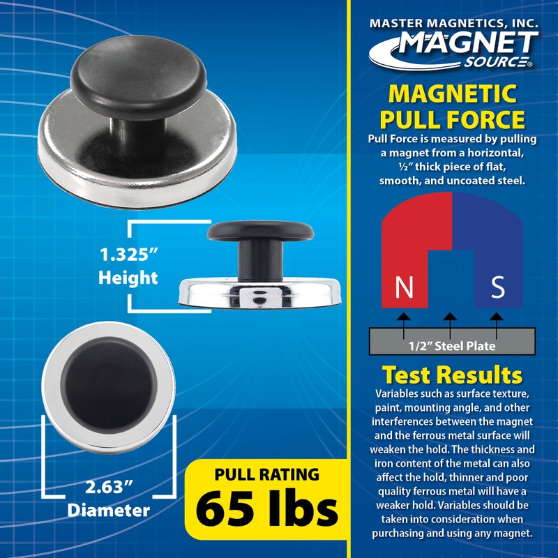 Master Magnetics HMKR-70X2 Round Base Magnet Fastener with Knob,Chrome,2.63"" Diameter, 1.33"" Total Height with 1.75"" Diameter Knob/65 Pounds,(Box of 2), Silver and Black - Image 4